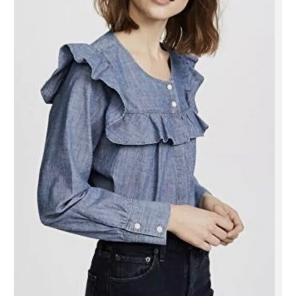 Madewell Top Chambray Ruffle Yoke Women Size XXS Blue Preppy‎
